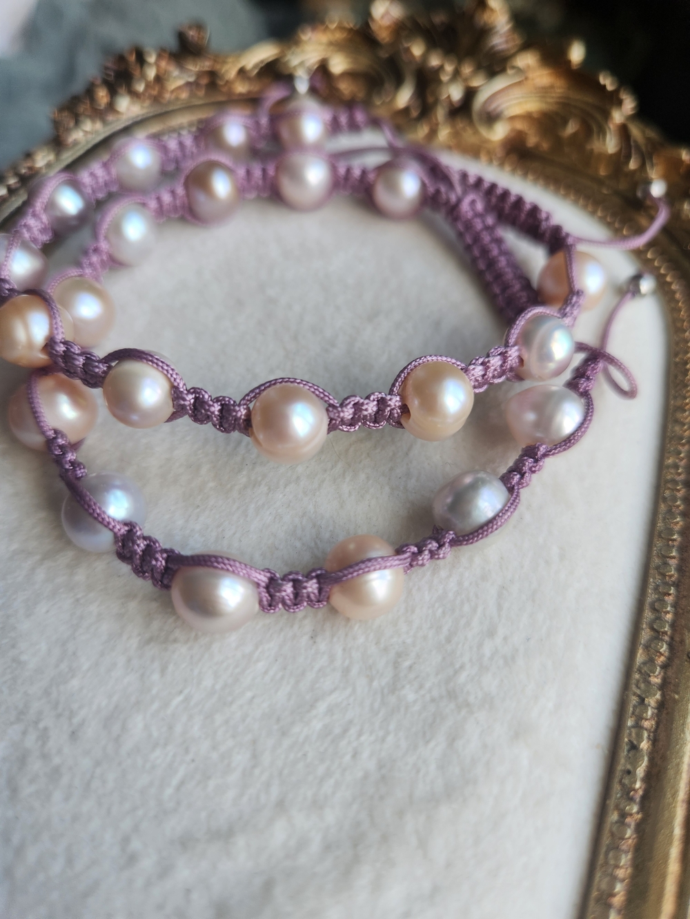 Artisan Lavender Genuine Pearl Macrame Bracelet Set Adjustable - Picture 3 of 4